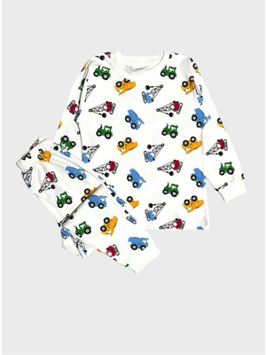 Aliş Kids Erkek Çocuk %100 Pamuklu Beyaz Araba Iş Makinesi Desenli Uzun Kollu Pijama Takımı