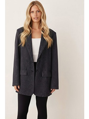 Armonika Kadın Antrasit Erkek Yaka Cep Kapaklı Vatkalı Oversize Kaşe Ceket ARM-26K001044