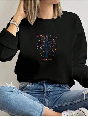 herkesemoda Mini Kelebekler Baskılı Bisiklet Yaka Içi Polarlı Sweatshirt