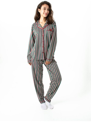 Ecrou Kadın Yeşil Çizgili New Start Bebe Yaka Uzun Kol Pantolon Pijama Takım