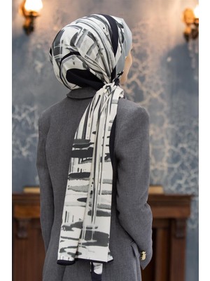 Vissona Lüks Medine Ipeği Geometrık Desenli Gri Renkli 75X195 Kırışmaz Şal Moss Krep Dikiş Tipi Italyan Dikişli