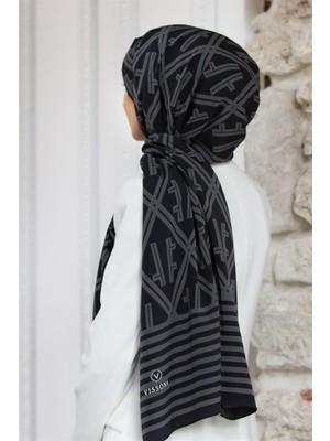 Vissona Lüks Medine Monogram Desenli Siyah - Gri Renkli 75X195 Kırışmaz Şal Moss Krep Dikiş Tipi Italyan Dikişli