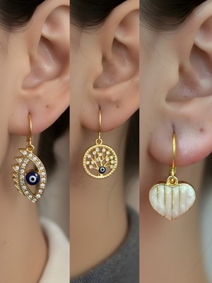 NKT Collection Beyaz Kalp Hayat Ağacı Nazar Göz Sembol Figürlü 3’lü Kadın Küpe Set