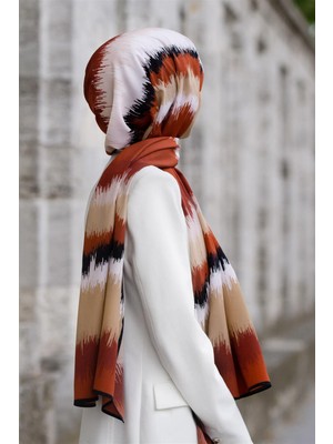 Vissona Lüks Medine Ipeği Frekans  Desenli Taba Renkli 75X195 Kırışmaz Şal Moss Krep Dikiş Tipi Italyan Dikişli