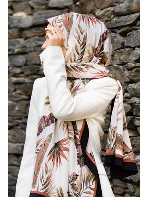 Vissona Lüks Medine Ipeği Yaprak Desenli Haki - Taba Renkli 75X195 Kırışmaz Şal Moss Krep Dikiş Tipi Italyan Dikişli