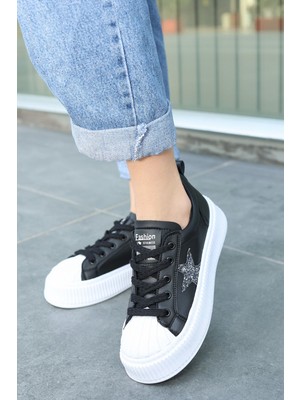 Shoegar Piata Siyah Cilt Beyaz Tabanlı Bağcıklı Spor Ayakkabı