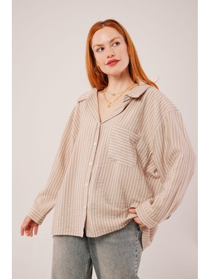 Bosel Çizgi Detaylı Cepli Camel Gömlek