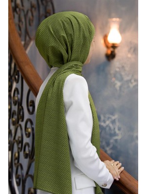 Vissona Lüks Medine Ipeği Hasır Desenli Haki Renkli 75X195 Kırışmaz Şal Moss Krep Dikiş Tipi Italyan Dikişli