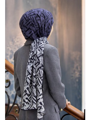 Vissona Lüks Medine Ipeği Degradeli Çizgi Desenli Indigo Renkli 75X195 Kırışmaz Şal Moss Krep Dikiş Tipi Italyan Dikişli