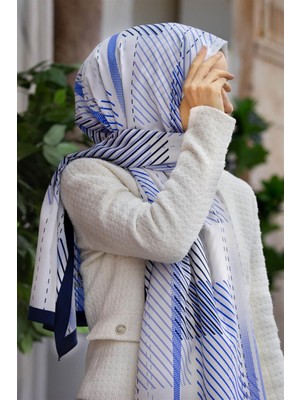 Vissona Lüks Medine Ipeği Çizgili Desenli Krem - Saks Renkli 75X195 Kırışmaz Şal Moss Krep Dikiş Tipi Italyan Dikişli