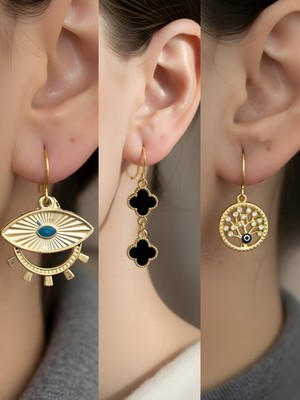 NKT Collection Siyah Yonca Göz Hayat Ağacı Sembol Figürlü 3’lü Kadın Küpe Set