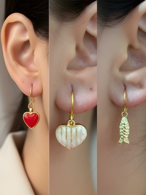 NKT Collection Balık Beyaz Kalp Kırmızı Kalp Sembol Figürlü 3’lü Kadın Küpe Set