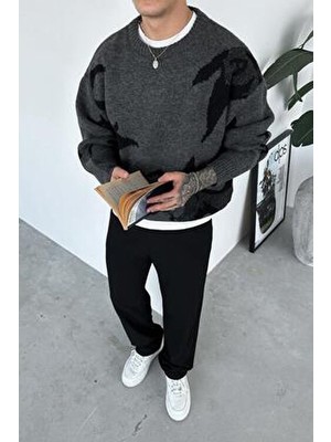 Koyu Gri Premium Baskılı Oversize Kazak