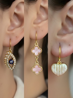 NKT Collection Beyaz Kalp Pembe Yonca Nazar Göz Sembol Figürlü 3’lü Kadın Küpe Set