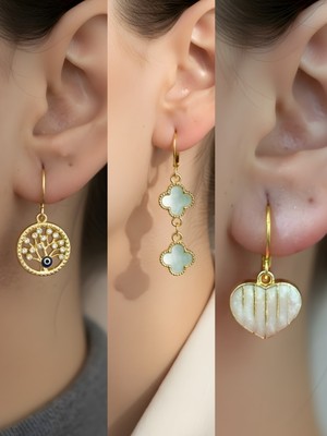 NKT Collection Beyaz Kalp Turkuaz Yonca Hayat Ağacı Sembol Figürlü 3’lü Kadın Küpe Set