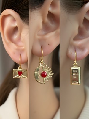 NKT Collection Külçe Altın Ay Güneş Kalp Zarf Sembol Figürlü 3’lü Kadın Küpe Set