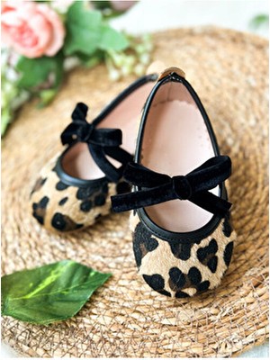 Aysskids Kadife Fiyonklu Leopar Desenli Kız Çocuk Bebek Babet Ayakkabı