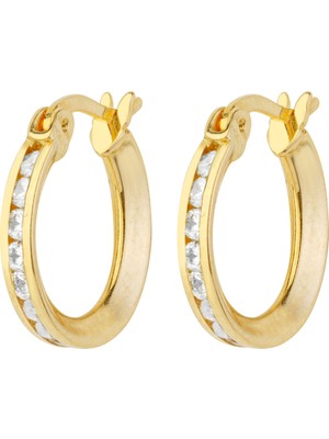 Taşlı Oluklu Halka Altın Küpe 14 Ayar