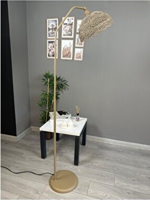 Bamyum Bohem Recycle Iplik Jüt El Yapımı Hasır Lambader Hareketli Başlık Bej Metal Zemin Lambası