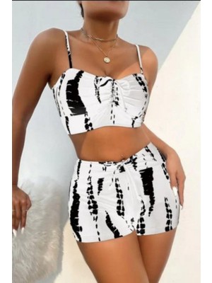 Mossta Ince Askılı Büzgü Detay Crop Kısa Tayt Ikili Takım - Beyaz