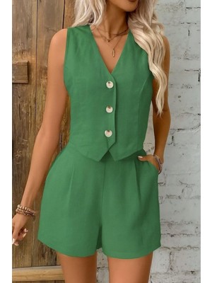 Mossta Kolsuz Yelek Cepli Keten Şort Takımı - Yeşil