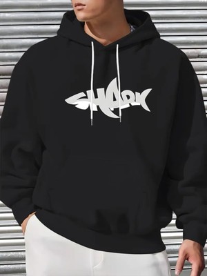 Erkek Casual Kapüşonlu Sweatshirt ile Köpek Balığı Baskısı