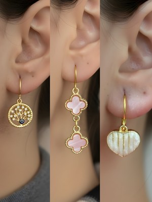 NKT Collection Beyaz Kalp Pembe Yonca Hayat Ağacı Sembol Figürlü 3’lü Kadın Küpe Set