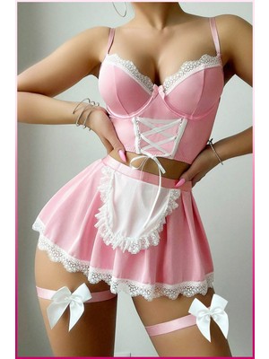 Marsilyan Pembe Fırfır Detaylı Özel Tasarım Iç Giyim Seti