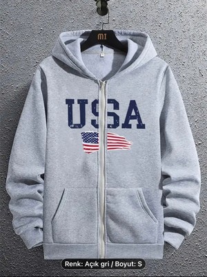 Usa Büyük Grafik Desen Baskılı Üst Kaliteli Boydan Fermuarlı 3 Iplik Kapüşonlu  Sweatshirt