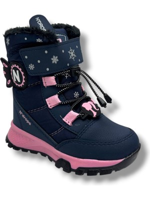 Ndrops 014-26 Deri Kürklü Paraşüt Kumaş Kız Çocuk Bot Lacivert Pembe 26-30