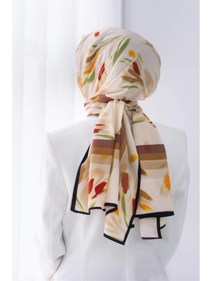 Vissona Lüks Medine Ipeği Lale Desenli Kırmızı Renkli 75X195 Kırışmaz Şal Moss Krep Dikiş Tipi Italyan Dikişli