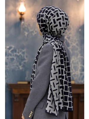 Vissona Lüks Medine Ipeği Kareli Desenli Gri  Renkli 75X195 Kırışmaz Şal Moss Krep Dikiş Tipi Italyan Dikişli