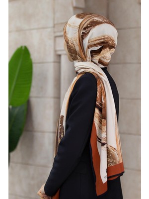 Vissona Lüks Medine Ipeği Fırça Desenli Taba Renkli 75X195 Kırışmaz Şal Moss Krep Dikiş Tipi Italyan Dikişli