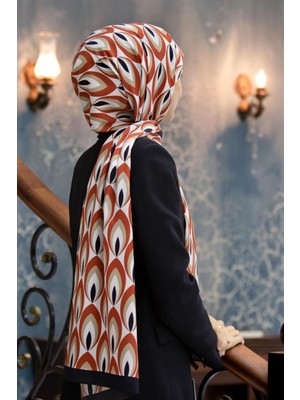 Vissona Lüks Medine Ipeği Geometrik Desenli Taba Renkli 75X195 Kırışmaz Şal Moss Krep Dikiş Tipi Italyan Dikişli