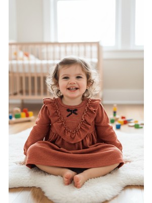 Bertuğ Bebek Fırfırlı Kız Çocuk Bebek Triko Tarçın Kahve Elbise