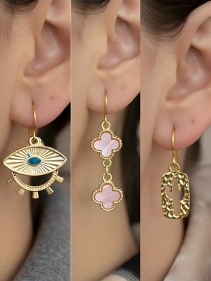 NKT Collection Kaktüs Pembe Yonca Göz Sembol Figürlü 3’lü Kadın Küpe Set