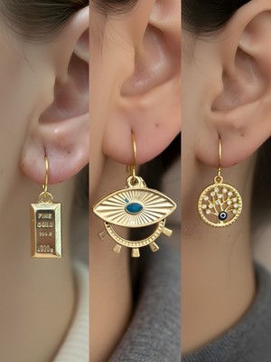 NKT Collection Göz Hayat Ağacı Külçe Altın Sembol Figürlü 3’lü Kadın Küpe Set