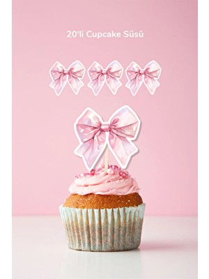 Neşeli Günlerim Pembe Fiyonk Temalı Doğum Günü Kürdanlı Cupcake Süsü 20'li