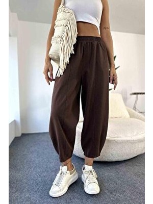 Nana & Mayka Moda Kadın Şalvar Pantolon – Acı Kahverengi Dört Mevsim Gabardin, Rahat Kesim, Lastikli Yüksek Bel 4003