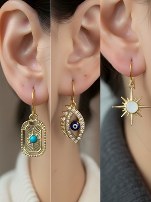 NKT Collection Beyaz Kutup Yıldızı Tablet Kutup Yıldızı Nazar Göz Sembol Figürlü 3’lü Kadın Küpe Set