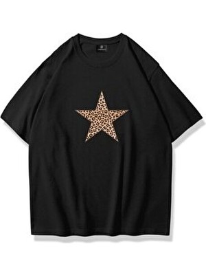 Trendiz Kadın Leopar Yıldız Tshirt Siyah