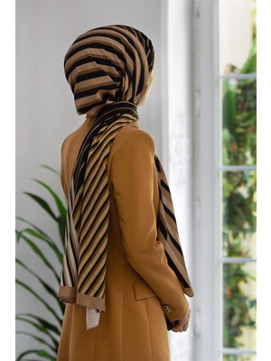 Vissona Lüks Medine Ipeği Çizgi Desenli Bej Renkli 75X195 Kırışmaz Şal Moss Krep Dikiş Tipi Italyan Dikişli