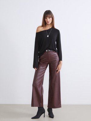 Soulife Loose Fit Kadın Deri Görünümlü Pantolon
