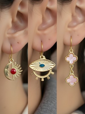 NKT Collection Pembe Yonca Göz Ay Güneş Sembol Figürlü 3’lü Kadın Küpe Set