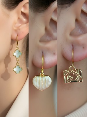 NKT Collection Beyaz Kalp Bavul Turkuaz Yonca Sembol Figürlü 3’lü Kadın Küpe Set