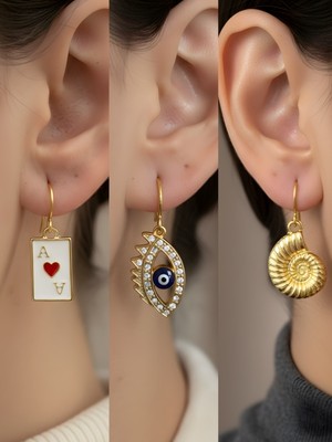 NKT Collection Deniz Kabuğu Nazar Göz Kupa As Sembol Figürlü 3’lü Kadın Küpe Set