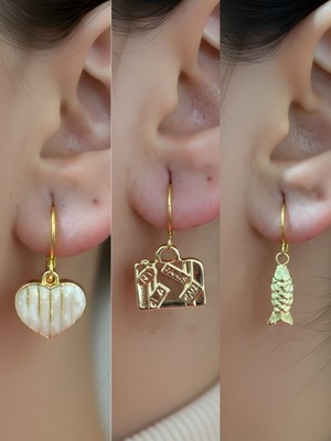 NKT Collection Balık Beyaz Kalp Bavul Sembol Figürlü 3’lü Kadın Küpe Set