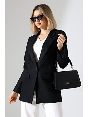 Lokadi Kadın Tek Düğme Blazer Ceket Siyah Regular Kalıp Uzun Kol Resmi Stil