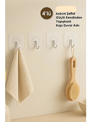Tumu Life Pratik 4 Adet 6X6CM Şeffaf Güçlü Kendinden Yapışkanlı Kapı Duvar Askıları Güçlü Ağır Yük Taşıma Askı