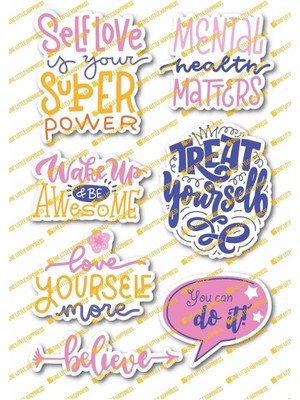 One Little Happiness Motivasyon Temalı Sticker Seti - 7 Adet Etiket Seti- Telefon, Tablet, Defter Laptop Uyumlu Etiket
